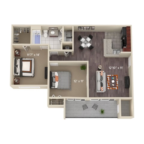 Floor plan for 2 beds, 1 bath, 1006 sqft